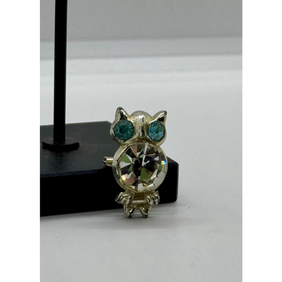 Rhinestone Owl Brooch Pin Clear Blue Stones Vintage - Picture 2 of 6